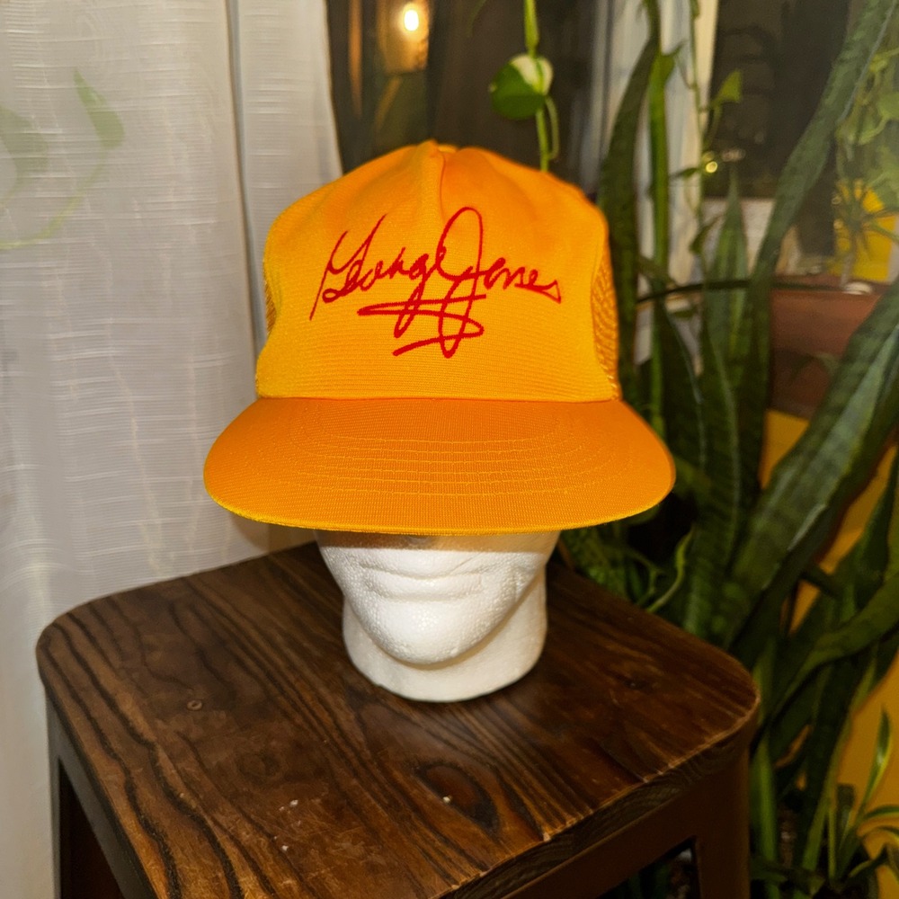 Vintage Yellow Orange Trucker Hat Red Signature Script‎ Mesh Back Snapback Mens